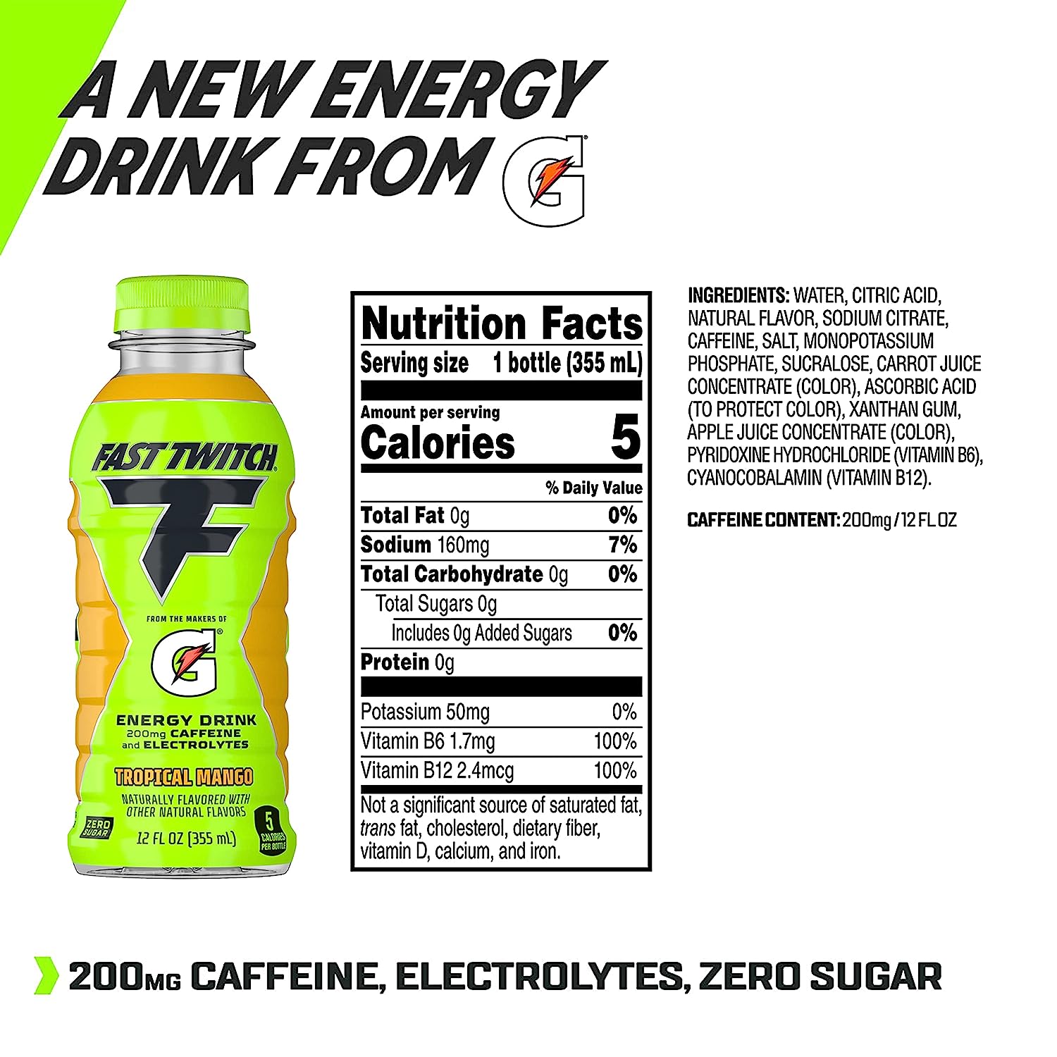 Fast Twitch Energy drink from Gatorade, Glacier Freeze, 12oz Bottles, (12 Pack), 200mg Caffeine, Zero Sugar, Electrolytes - Image 2